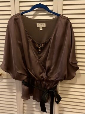 J.R. Nites Taupe Satin Wrap Blouse with Jeweled V-Neck